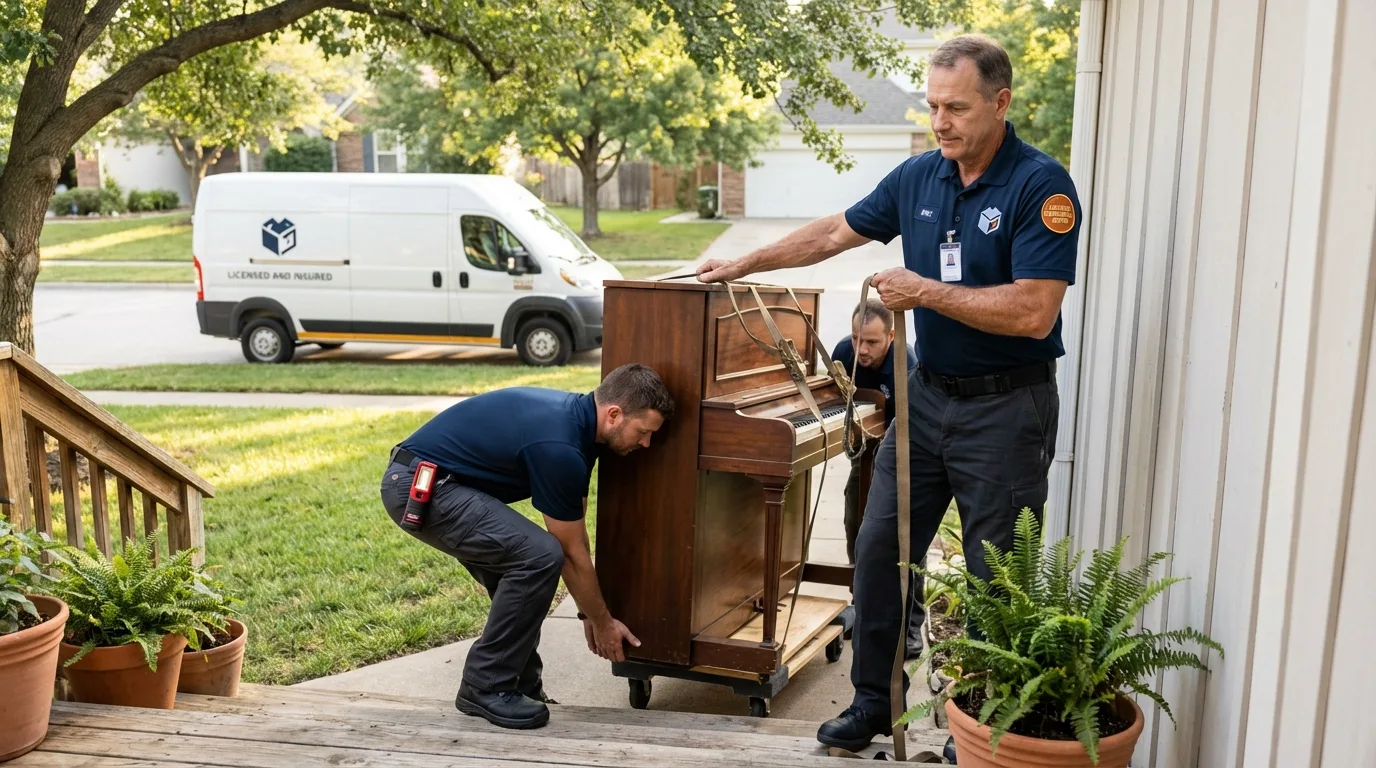 Licensed piano movers securing grand piano in Montrose, MI