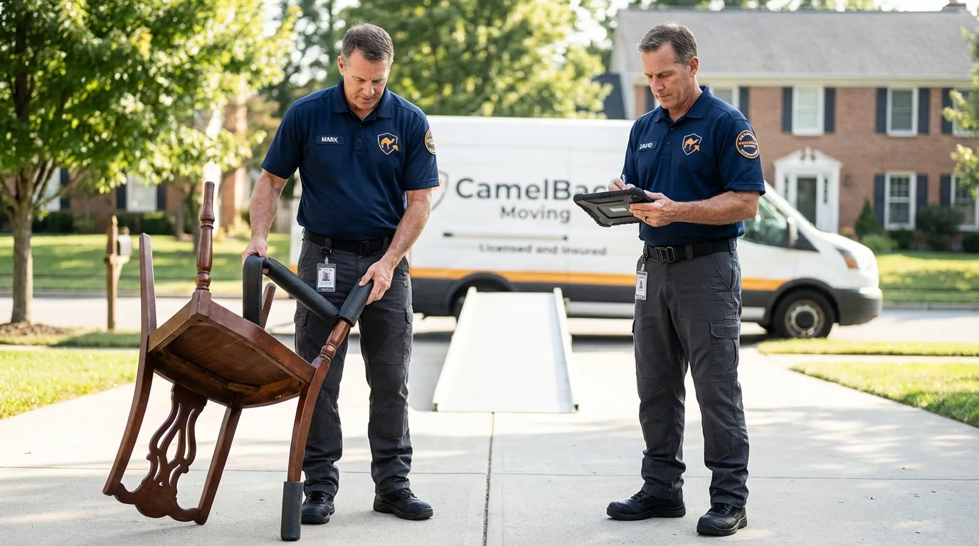 Movers inspecting furniture for damage prevention before loading in Montrose, MI