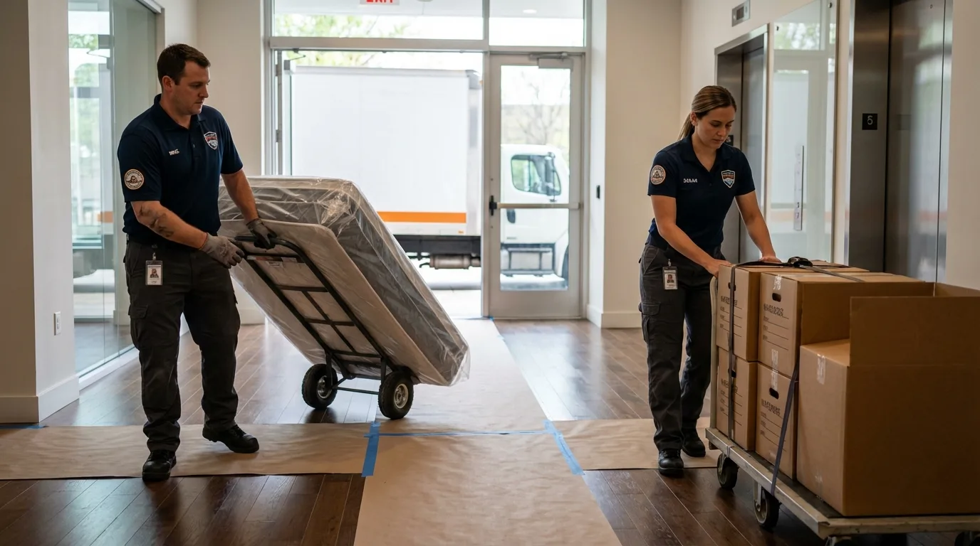 Professional apartment movers loading elevator in Montrose, MI