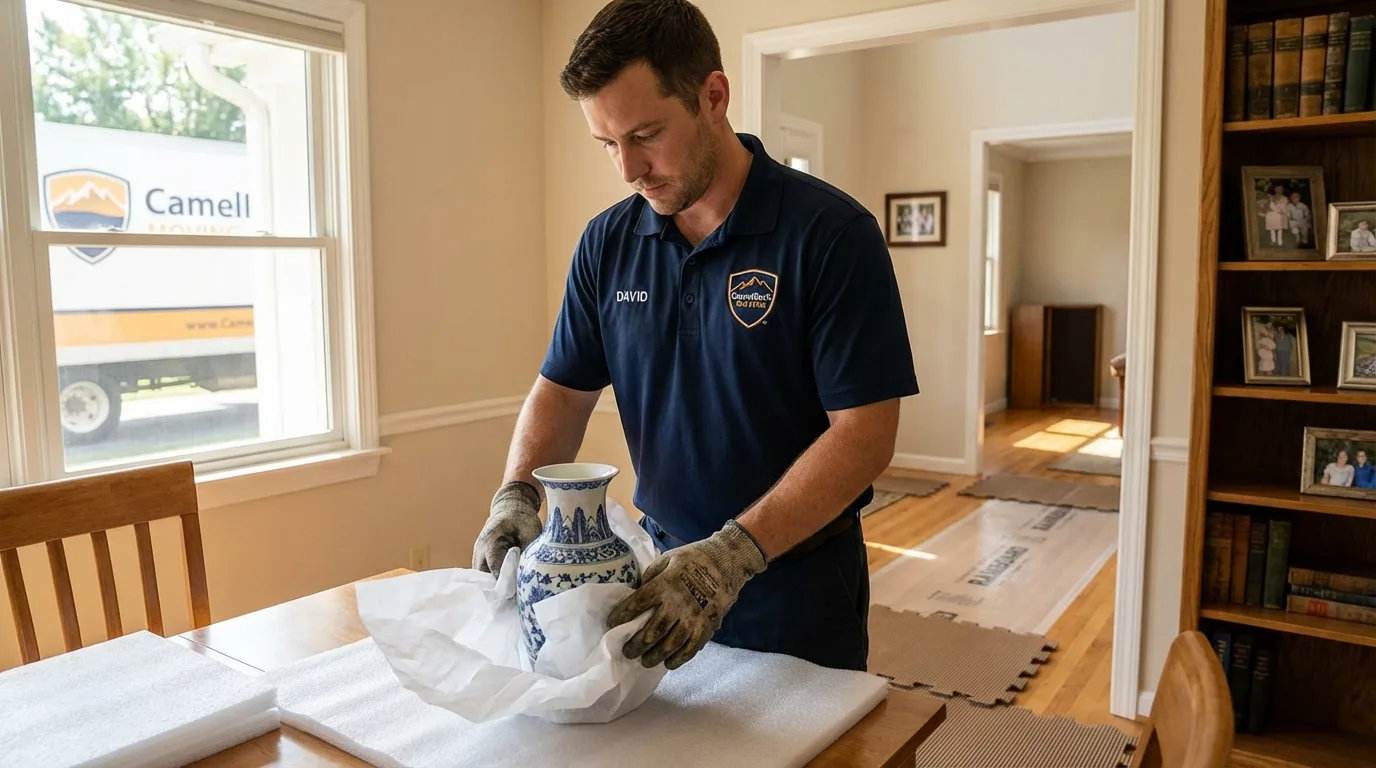 Professional crew carefully wrapping antique vase for senior downsizing move in Montrose, MI